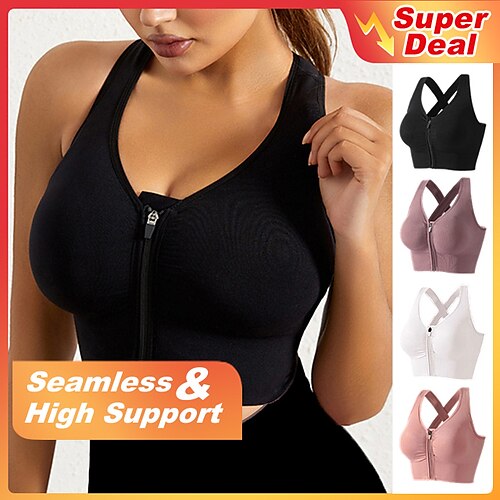 

Women's Sports Bra Medium Support Full Zip Wireless Solid Color Black Purple Yoga Fitness Gym Workout Bra Top Sport Activewear Breathable Quick Dry Comfortable Stretchy Slim