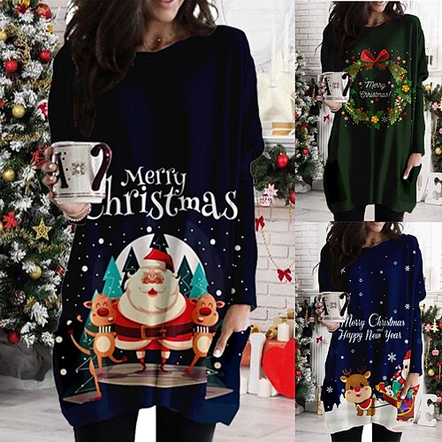

Women's Christmas Casual Dress Shift Dress Short Mini Dress Green Blue Black Long Sleeve Tree Print hat Print Fall Winter Crew Neck Party Casual 2022 XS S M L XL 2XL 3XL 4XL