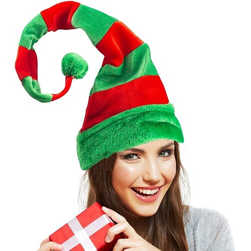 

Christmas Elf Hat,Velvet Cloth Long Striped Felt Hat without Cute Brooch Pin for Kids Adults for Christmas Party