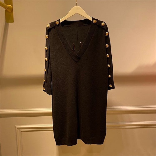 

Women's Sweater Dress Shift Dress Black Dress Mini Dress Black 3/4 Length Sleeve Pure Color Button Winter Fall Autumn V Neck Mature Date Loose Fit 2022 S M L