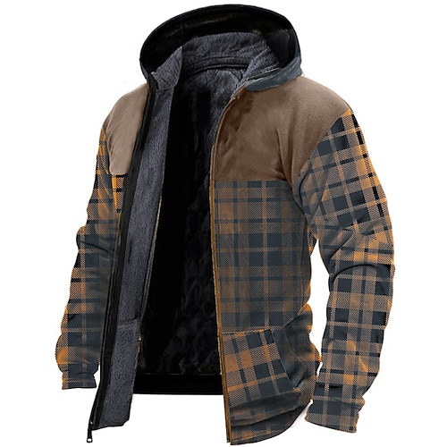 

Men's Fleece Jacket Full Zip Hoodie Fleece Hoodie Sherpa Jacket Thick Hoodies Red Blue Brown Gray Hooded Plaid Checkered Graphic Prints Tartan Zipper Print Casual Daily Sports 3D Print Fleece Basic