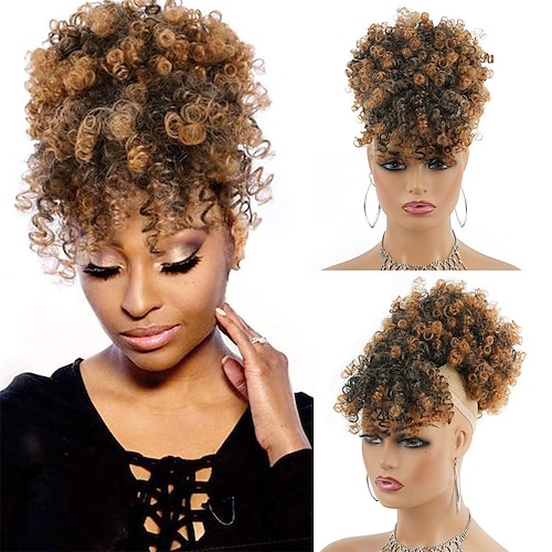 

Afro Puff Drawstring Ponytail with Kinky Curly Hair Clip in Bangs Short Ponytail Hair Extensions Updo Hairpieces for Black Women