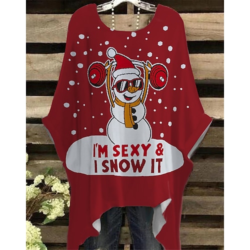 

Women's Plus Size Christmas Tops T shirt Tee Letter Santa Claus Print Half Sleeve Crew Neck Casual Festival Daily Cotton Spandex Jersey Winter Fall Black Wine