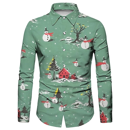 

Men's Shirt Snowman Graphic Prints Turndown Green Gray 3D Print Christmas Street Long Sleeve Button-Down Print Clothing Apparel Fashion Designer Casual Soft