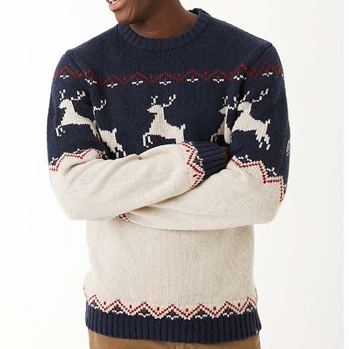 

Men's Sweater Ugly Christmas Sweater Pullover Sweater Jumper Ribbed Knit Cropped Knitted Deer Crew Neck Keep Warm Modern Contemporary Christmas Work Clothing Apparel Fall & Winter Blue S M L