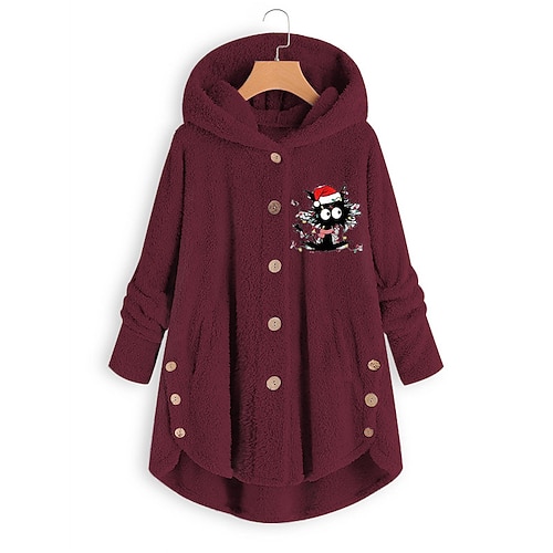 

Women's Sherpa jacket Fleece Jacket Teddy Coat Windproof Warm Outdoor Christmas Daily Wear Vacation Button Pocket Print Single Breasted Hoodie Modern Plush Christmas Animal Regular Fit Outerwear Long