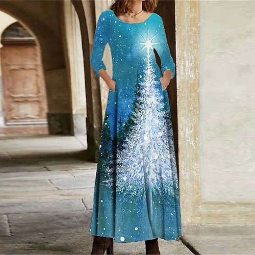 

Women's Casual Dress Swing Dress Maxi long Dress Blue Navy Blue Long Sleeve Christmas Tree Pocket Winter Fall Spring Crew Neck Fashion Christmas Daily Vacation 2022 S M L XL XXL 3XL
