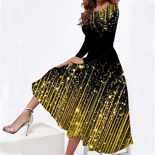 

Women's Casual Dress Swing Dress Midi Dress Gold Long Sleeve Stars and Stripes Pocket Winter Fall Spring Crew Neck Fashion Daily Weekend 2022 S M L XL XXL 3XL