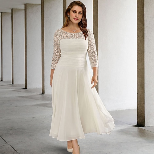 

A-Line Plus Size Curve Mother of the Bride Dresses Elegant Dress Formal Tea Length 3/4 Length Sleeve Jewel Neck Chiffon with Ruched Beading Sequin 2022