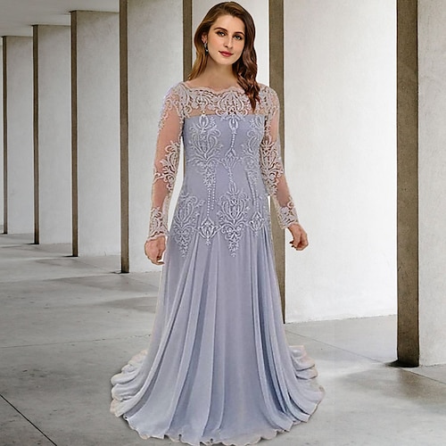 

Mermaid / Trumpet Plus Size Curve Mother of the Bride Dresses Elegant Dress Formal Sweep / Brush Train Long Sleeve Off Shoulder Chiffon with Pleats Appliques 2022