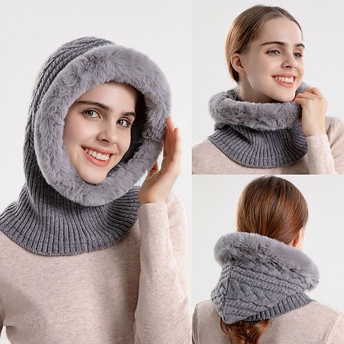 

Solid Color Warm Thick Plush Fluffy Beanies Hat Women Knitted Cap Hooded for Winter Outdoor Sport Windproof Hat
