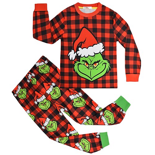 

Toddler Boys 2 Pieces Christmas Pajama Set Long Sleeve Grinch Green Black Light Green Cartoon Plaid Winter Fall Basic Home 7-13 Years