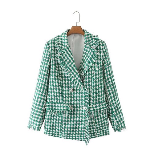 

Women's Blazer Warm Breathable Outdoor Work Daily Wear Going out Pocket Double Breasted Turndown Active Fashion Comfortable Street Style Houndstooth Regular Fit Outerwear Long Sleeve Winter Fall Green