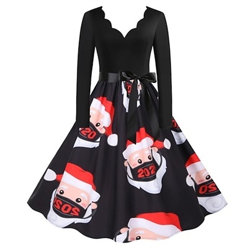 

Women's Swing Dress Vintage Dress Mini Dress Black Light Red Red Long Sleeve Deer Patchwork Winter Fall Autumn V Neck Christmas Vacation 2022 S M L XL XXL 3XL