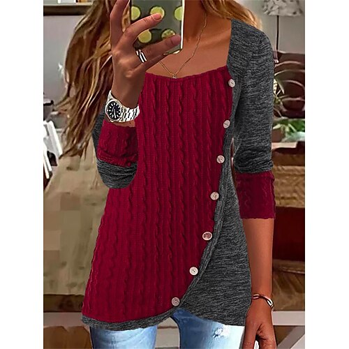 

Women's Blouse Shirt Red Color Block Button Print Long Sleeve Casual Basic Square Neck Regular S