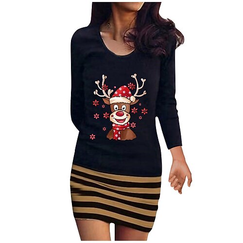 

Women's Christmas Casual Dress Bodycon Mini Dress Black Blue Yellow Wine Gray Long Sleeve Elk Striped Print Winter Fall Crew Neck Vacation Casual 2022 S M L XL XXL 3XL 4XL 5XL / Sheath Dress