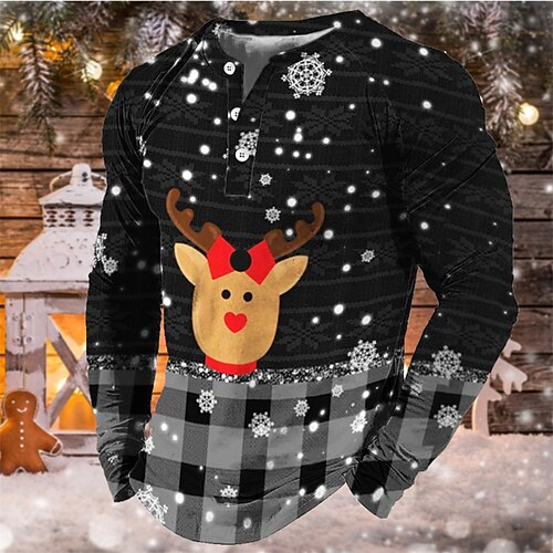 

Men's Henley Shirt T shirt Tee Tee Graphic Elk Henley Green Blue Orange Red Gray 3D Print Outdoor Christmas Long Sleeve Patchwork Button-Down Clothing Apparel Basic Designer Casual Classic