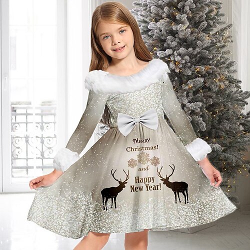 

Kids Girls' Christmas Dress Letter Casual Dress Above Knee Dress Christmas Gifts Fur Trim Crew Neck Long Sleeve Adorable Dress 2-13 Years Winter Silver Gold