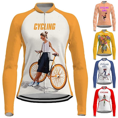 

21Grams Women's Cycling Jersey Long Sleeve Bike Jersey Top with 3 Rear Pockets Mountain Bike MTB Road Bike Cycling Breathable Quick Dry Moisture Wicking Reflective Strips Peach Yellow Orange Graphic
