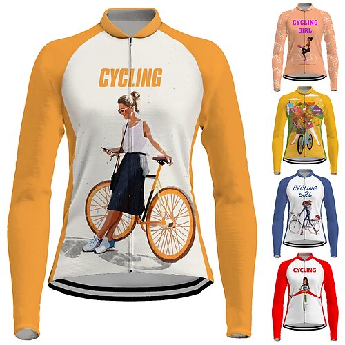 

21Grams Women's Cycling Jersey Long Sleeve Bike Jersey Top with 3 Rear Pockets Mountain Bike MTB Road Bike Cycling Breathable Quick Dry Moisture Wicking Reflective Strips Peach Yellow Orange Graphic