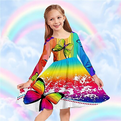 

Kids Girls' Dress Animal Butterfly Casual Dress Above Knee Dress Casual Crewneck Crew Neck Long Sleeve Adorable Dress 3-10 Years Winter Red