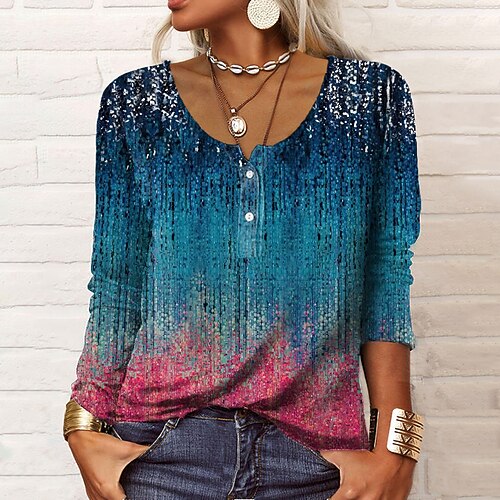 

Women's T shirt Tee Blue Graphic Button Print Long Sleeve Daily Weekend Basic Round Neck Regular Painting S
