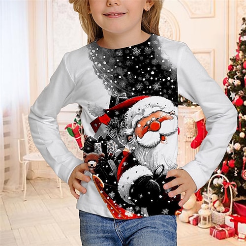 

Kids Girls' Ugly Christmas T shirt Santa Claus Christmas Gifts 3D Printing Long Sleeve Crewneck Cute 7-13 Years Winter White