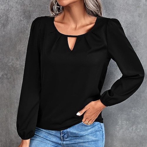 

Women's Blouse Hollow Out Solid / Plain Color Basic Round Neck Standard Spring & Fall Green Black