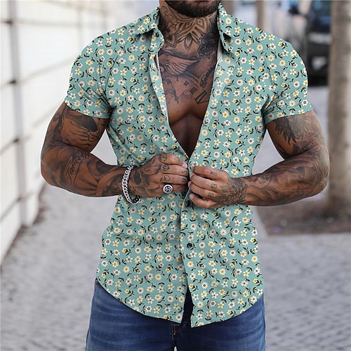 

Men's Shirt Floral Graphic Prints Turndown Green Yellow 3D Print Outdoor Street Short Sleeves Button-Down Print Clothing Apparel Fashion Designer Casual Soft / Spring / Summer