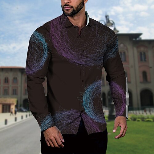 

Men's Shirt Graphic Prints Graffiti Linear Turndown Black Blue Purple Yellow Light Blue 3D Print Outdoor Street Long Sleeve Button-Down Print Clothing Apparel Fashion Designer Casual Soft