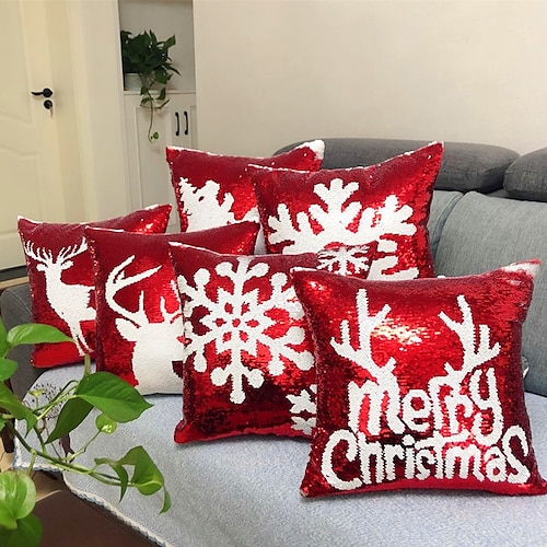 

Christmas Pillow Cover AB Face Positioning Embroidery Sequin Pillow Snowflake Deer