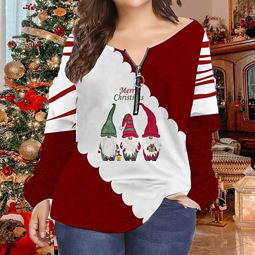 

Women's Plus Size Christmas Tops T shirt Tee Color Block Letter Zipper Print Long Sleeve V Neck Casual Holiday Daily Polyester Winter Fall Green Blue