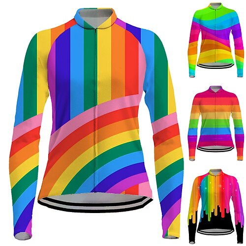 

21Grams Women's Cycling Jersey Long Sleeve Bike Jersey Top with 3 Rear Pockets Mountain Bike MTB Road Bike Cycling Breathable Quick Dry Moisture Wicking Reflective Strips Green Yellow Orange Rainbow