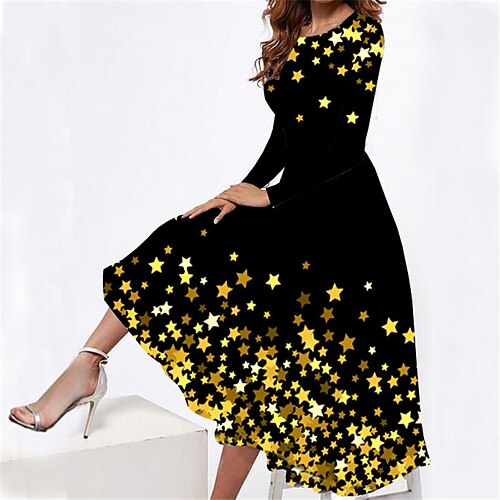 

Women's Casual Dress Swing Dress Midi Dress Gold Long Sleeve Star Pocket Winter Fall Spring Crew Neck Fashion Daily Weekend 2022 S M L XL XXL 3XL
