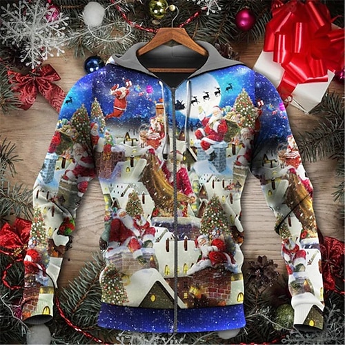 

Men's Full Zip Hoodie Jacket Blue Royal Blue Hooded Santa Claus Graphic Prints Ugly Christmas Zipper Print Sports & Outdoor Daily Sports 3D Print Streetwear Designer Casual Spring & Fall Clothing