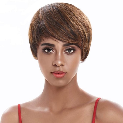 

Short Human Hair Wigs Pixie Cut Cheap Glueless Wig Straight perruque bresillienne for Black Women Machine Made Wigs With Bangs