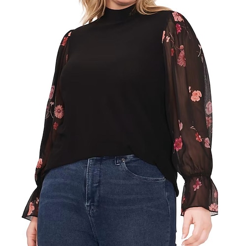 

Women's Plus Size Tops Blouse Floral Mesh Print Long Sleeve Stand Collar Fashion Modern Vacation Going out Polyester Winter Fall Black