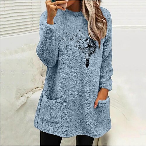 

Women's Sweatshirt Pullover Sherpa Fleece Teddy Pocket Light Blue claret Lake blue Dandelion Casual Round Neck Long Sleeve Fleece S M L XL 2XL 3XL
