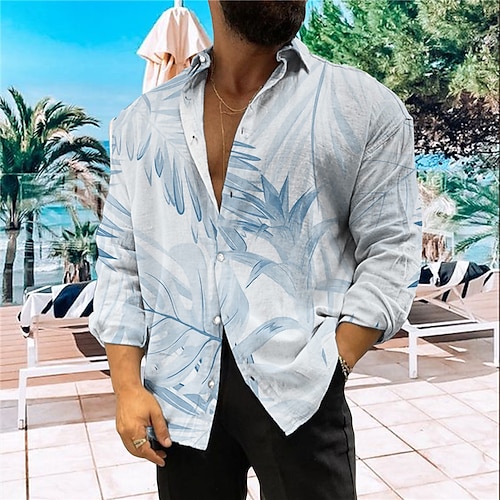 

Men's Shirt Graphic Prints Leaves Turndown Blue Gray 3D Print Street Casual Long Sleeve Button-Down Print Clothing Apparel Tropical Casual Hawaiian Soft