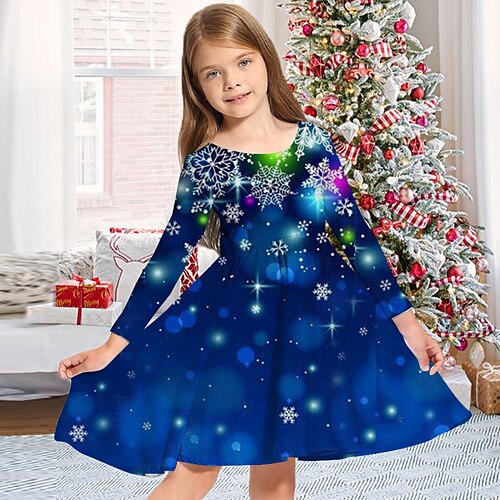 

Kids Girls' Christmas Dress Snowflake Casual Dress Above Knee Dress Christmas Gifts Crewneck Long Sleeve Adorable Dress 2-13 Years Winter Blue