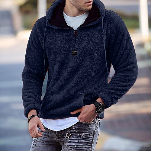 

Men's Hoodie Fuzzy Sherpa Quarter Zipper Hoodie Blue Orange Gray Hooded Solid Color Print Front Pocket Casual Going out Streetwear Cool Designer Winter Fall & Winter Clothing Apparel Hoodies