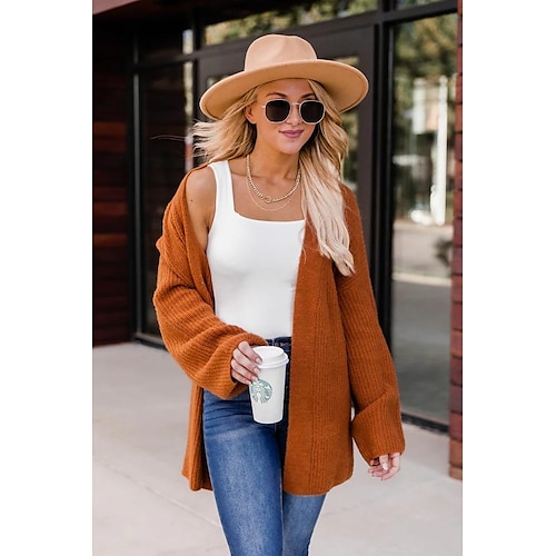 

Women's Cardigan Sweater Jumper Chunky Knit Tunic Knitted Pure Color V Neck Casual Soft Daily Date Winter Camel Beige S M L