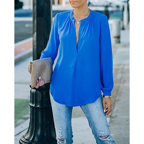

Women's Blouse Shirt Light Yellow dark brown Black Plain Long Sleeve Casual Basic V Neck Regular S