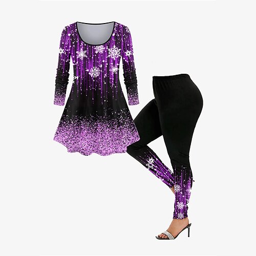 

Women's Plus Size Tops Set Color Gradient Snowflake Print Long Sleeve Crew Neck Casual Festival Christmas Daily Polyester Winter Fall Purple