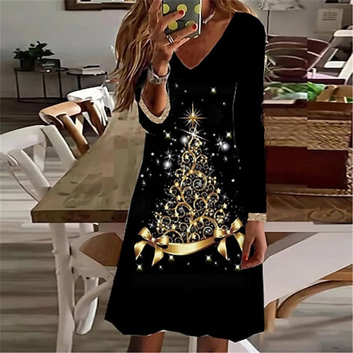 

Women's Casual Dress T Shirt Dress Tee Dress Shift Dress Mini Dress Black Long Sleeve Christmas Tree Pocket Winter Fall Spring V Neck Fashion Christmas Daily 2022 S M L XL XXL 3XL