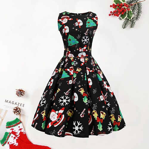 

Women's Christmas Swing Dress Knee Length Dress Black Sleeveless Snowman Candy Zipper Bow Print Fall Spring Round Neck Vintage Party 2021 S M L XL XXL XXXL