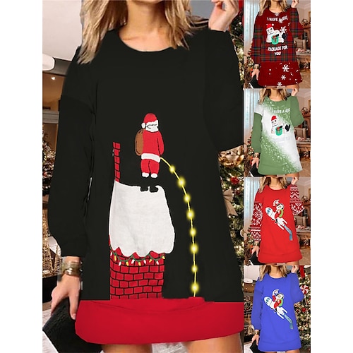 

Women's Christmas Ugly Sweatshirt Dress Shift Dress Mini Dress Green Black Blue Long Sleeve Plaid Print Winter Fall Autumn Fashion Daily 2022 S M L XL XXL 3XL
