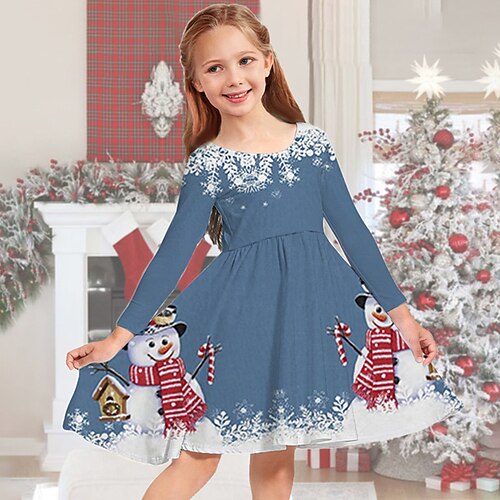 

Kids Girls' Christmas Dress Snowman Casual Dress Above Knee Dress Christmas Gifts Crewneck Long Sleeve Adorable Dress 2-13 Years Winter Blue