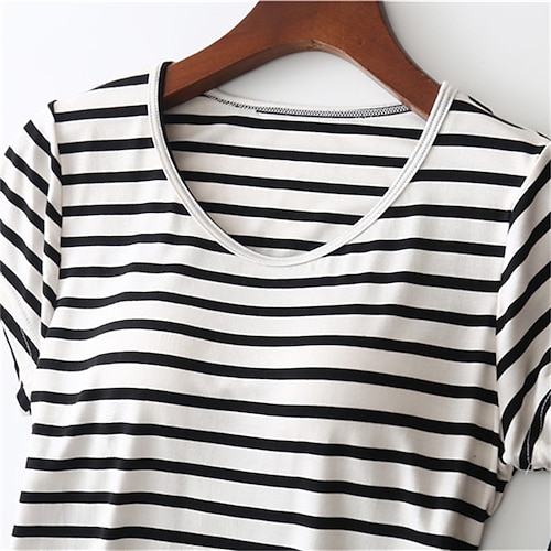 

Women's T shirt Tee Patchwork Stripes Classic Sweet Round Neck Regular Summer Green Black Pink Grey