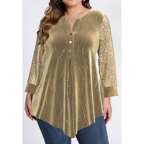 

Women's Plus Size Tops Blouse Graphic Button Print Long Sleeve V Neck Elegant Modern Vacation Weekend Velvet Winter Fall Yellow